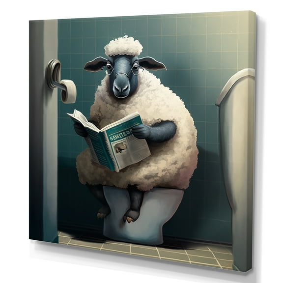 Designart Sheep On Toilet Reading News Canvas Wall Art