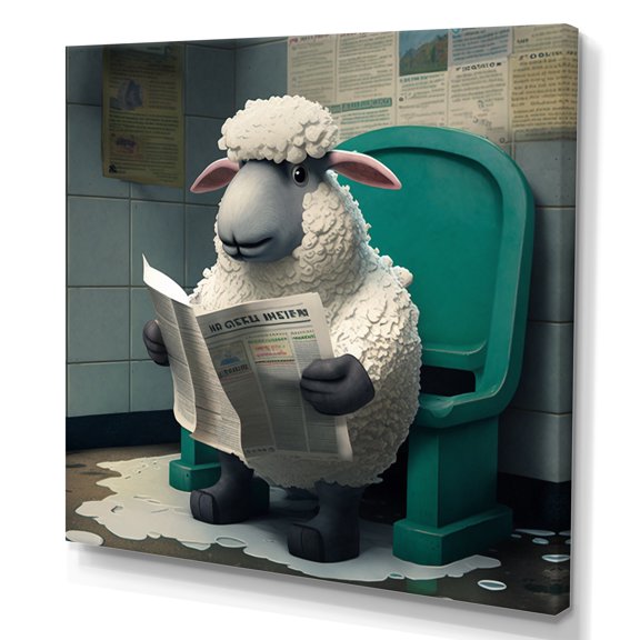 Designart Sheep Sittong On Toilet Reading Newspaper Canvas Wall Art