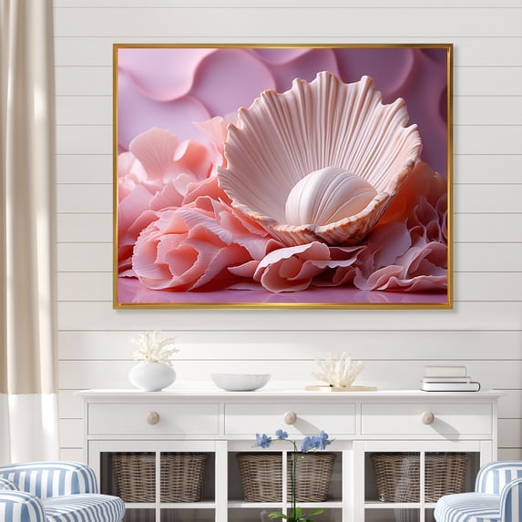 Designart "Shell'S Romantic Narrative II" Seashell Floater Framed Wall Art Living Room