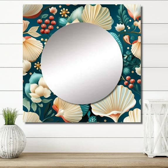 Designart "Shelled Coastal Wonders I" Coastal Square Mirror Wall Decor Coastal - Large Blue Square Bathroom Mirror - Square Printed Wall Mirror Art
