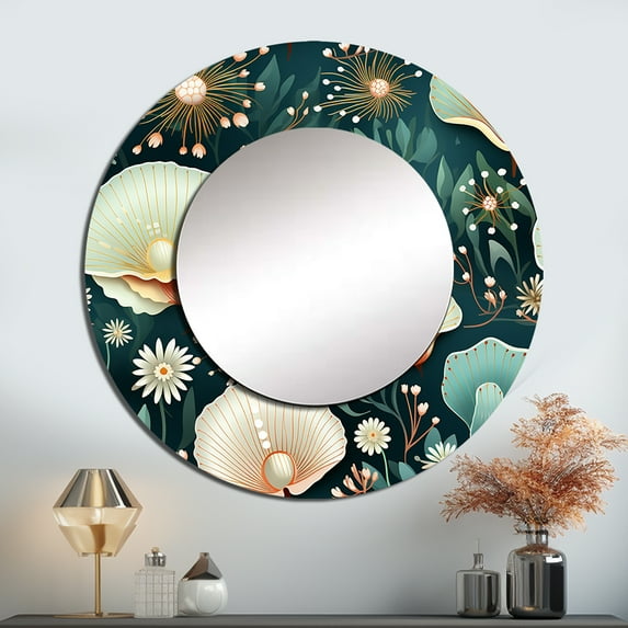Designart "Shelled Coastal Wonders II" Graphic Print Rund Mirror For Wall Decor - Large Blue Round Printed Mirror -Coastal Round Living Room Mirror - 36" x 36"