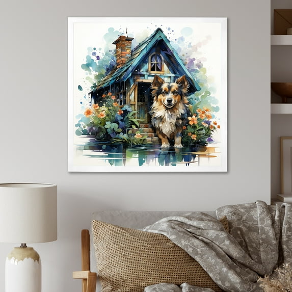 Designart "Sheltie Haven Cottage" Animals Framed Wall Art Decor - Modern Brown Dog Entryway Framed Wall Art