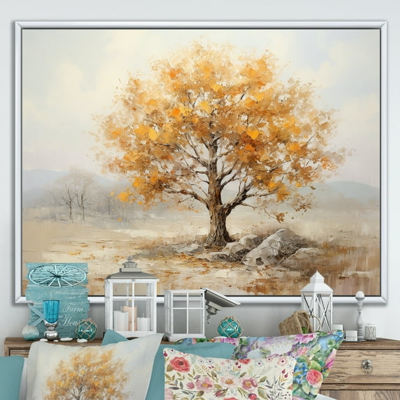 Designart "Shimmering Autumn Minimalism in Oak Tree II" Floral Floater Framed Wall Art Print