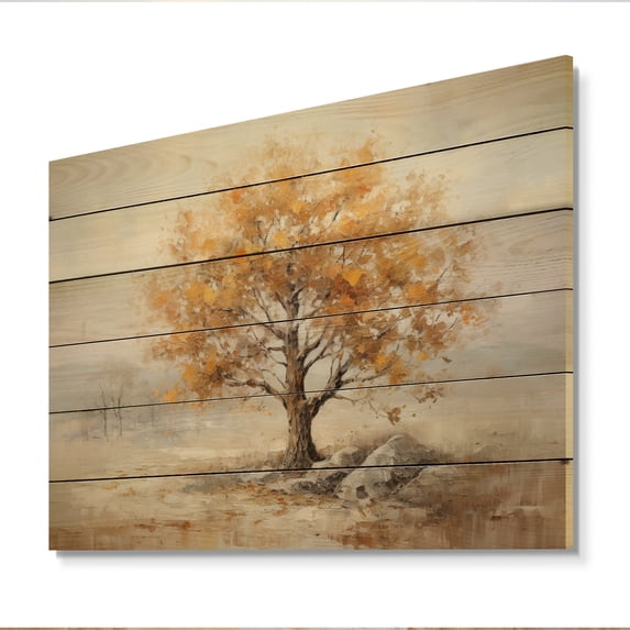 Designart "Shimmering Autumn Minimalism in Oak Tree II" Floral Print on Natural Pine Wood