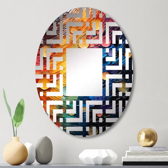 Designart "Shimmering Beats Compact Discs wall art III" Entertainment Maze Round Wall Mirror - Fashion Oval Printed Decorative Mirror - Multiple Color Options