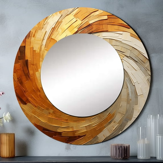 Designart "Shimmering Beige Pottery Circles I" Abstract Spirals Round Mirror Wall Decor Modern - Large Beige Round Office Mirror - Round Mirror - 29" x 29"