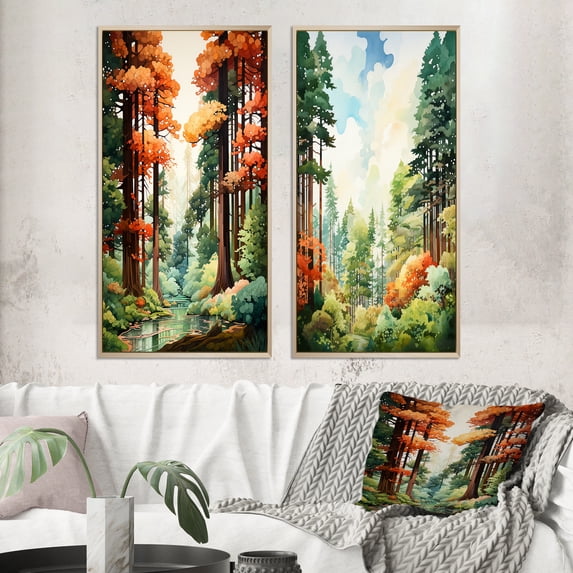 Designart "Shimmering Heights Redwood Majesty III" Tree Redwood Framed Wall Art Set Of 2 - Green Floral Framed Canvas Set For Living Room Decor
