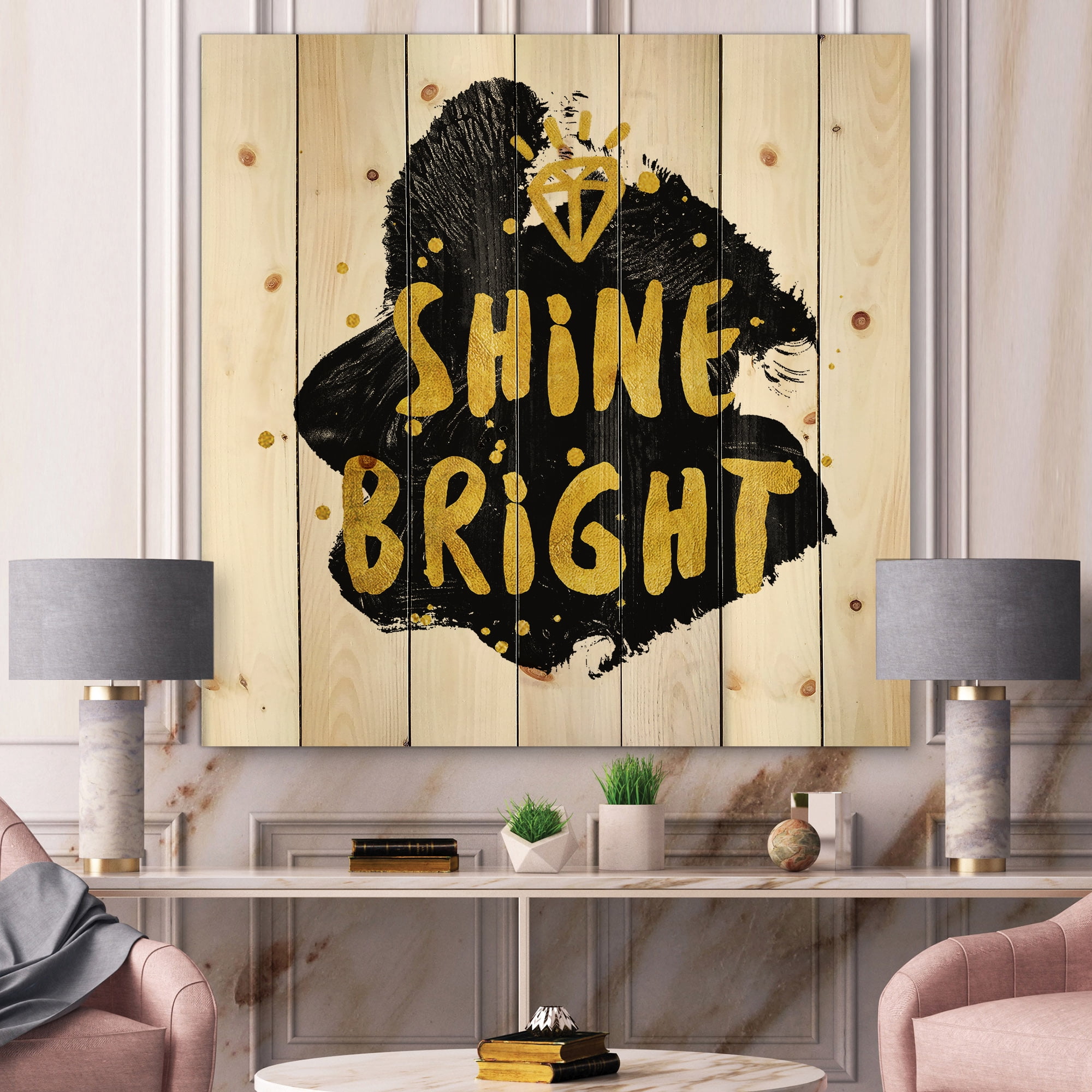 Designart 'Shine Bright Quote on Black' Glam Print on Natural Pine Wood
