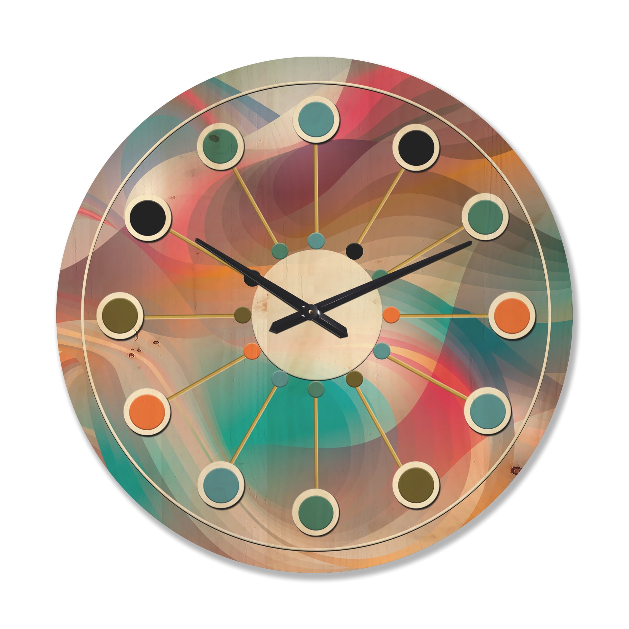 Designart 'Shining Colour Waves Retro Pattern' Mid-Century Modern Wood Wall Clock