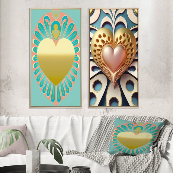 Designart "Shining Contemporary Gold Heart Radiant Beauty II" Romantic Abstract Framed Wall Art Set Of 2 - Modern Gold Framed Canvas Set For Living Room Decor