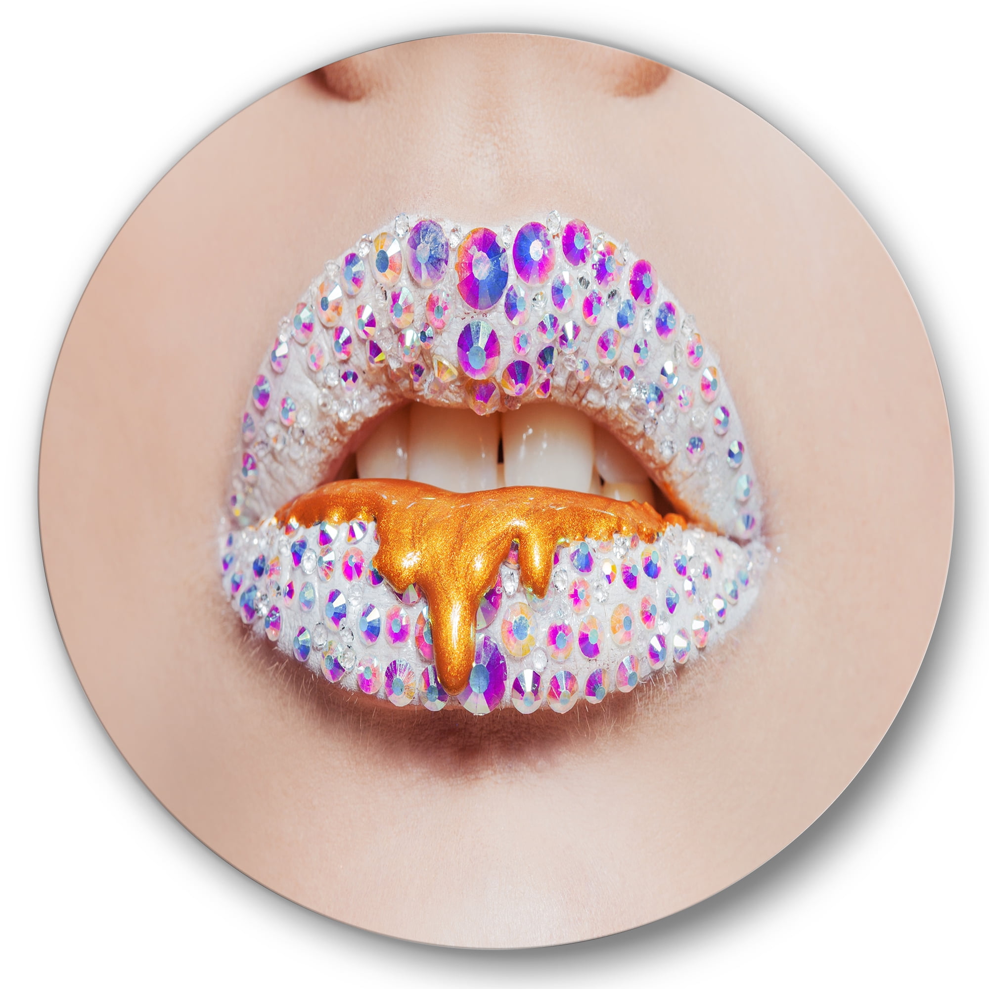 Designart 'Shining Woman Lips Covered With Rhinestones and Smudges' Modern Circle Metal Wall Art 23x23 - Disc of 23