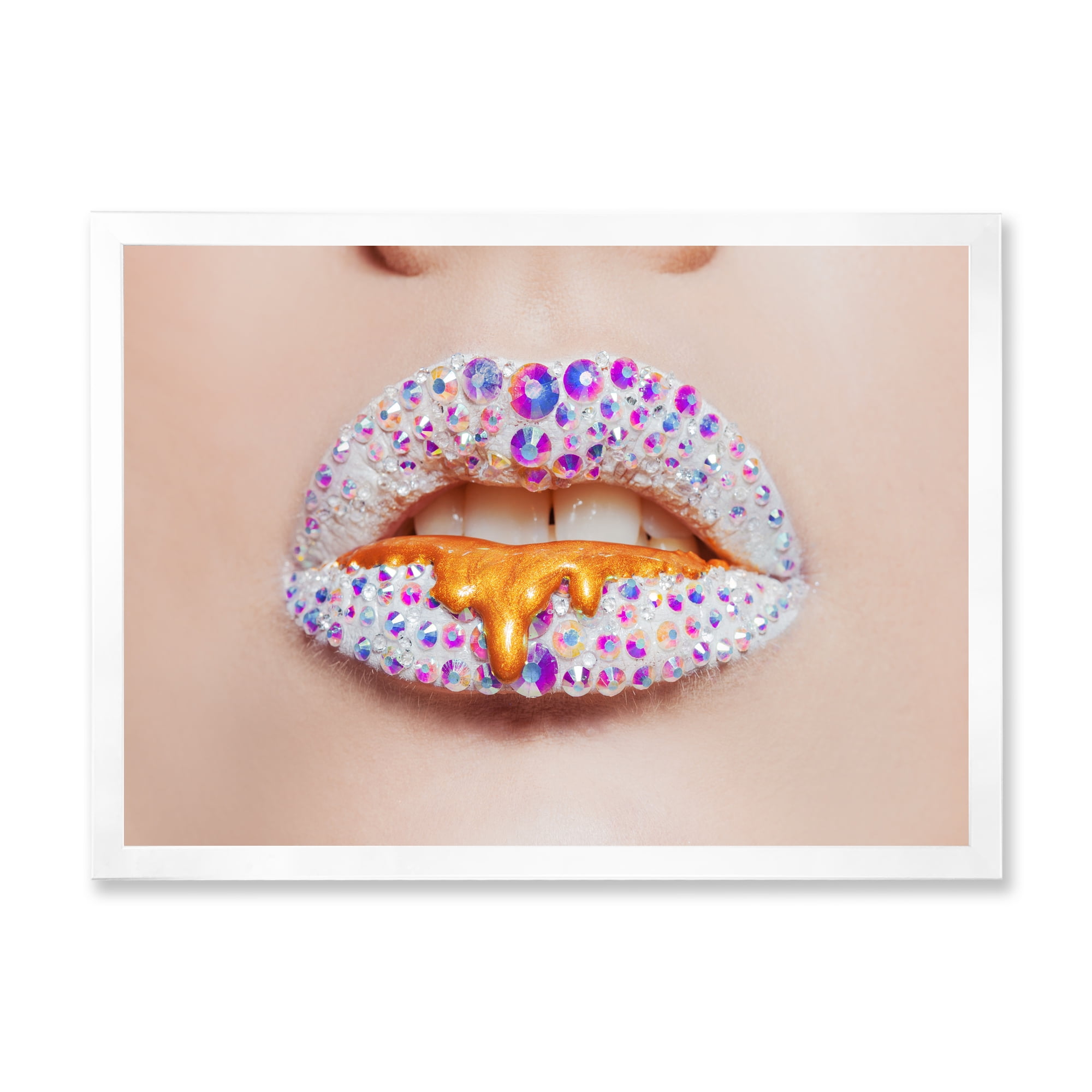 Designart 'Shining Woman Lips Covered With Rhinestones and Smudges' Modern Framed Art Print