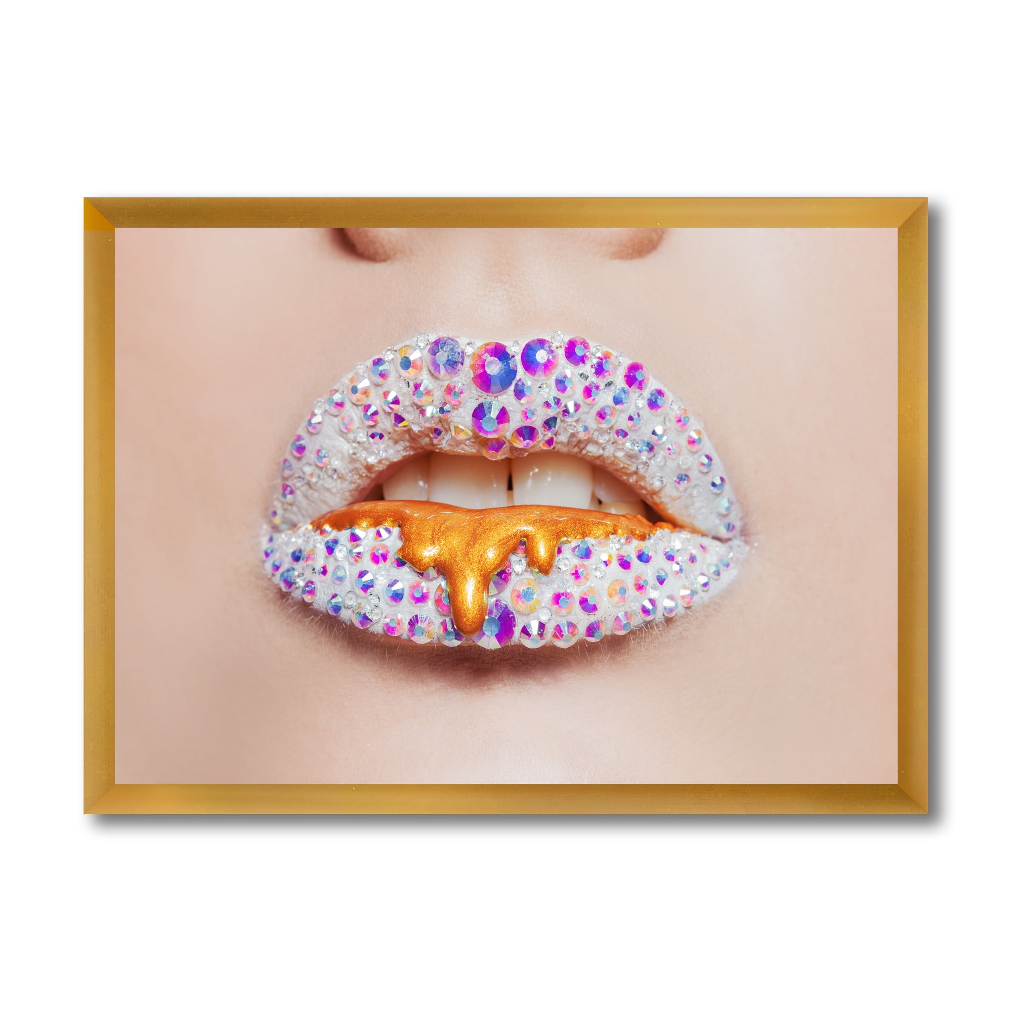 Designart 'Shining Woman Lips Covered With Rhinestones and Smudges' Modern Framed Art Print