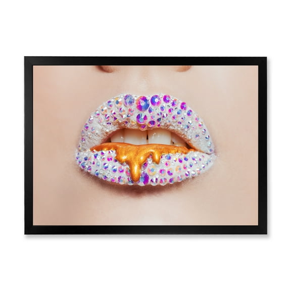 Designart 'Shining Woman Lips Covered With Rhinestones and Smudges' Modern Framed Art Print