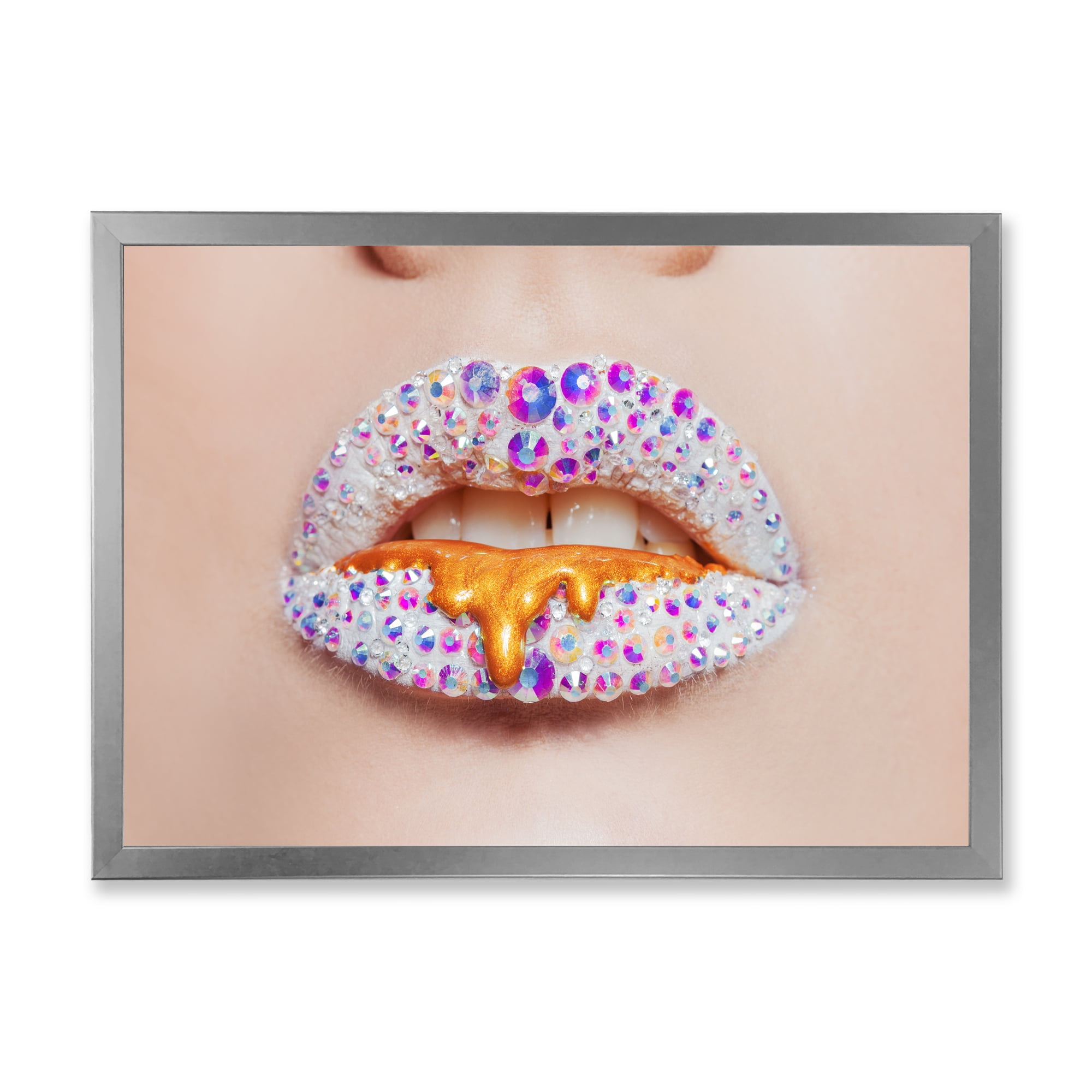 Designart 'Shining Woman Lips Covered With Rhinestones and Smudges' Modern Framed Art Print