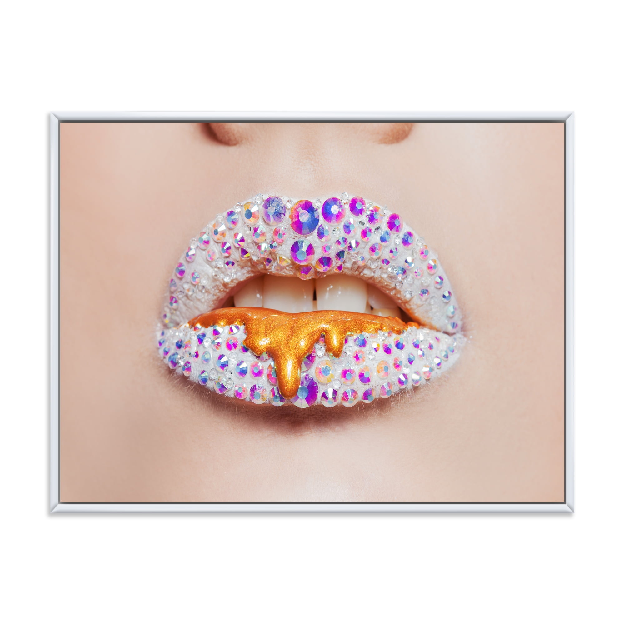Designart 'Shining Woman Lips Covered With Rhinestones and Smudges' Modern Framed Canvas Wall Art Print