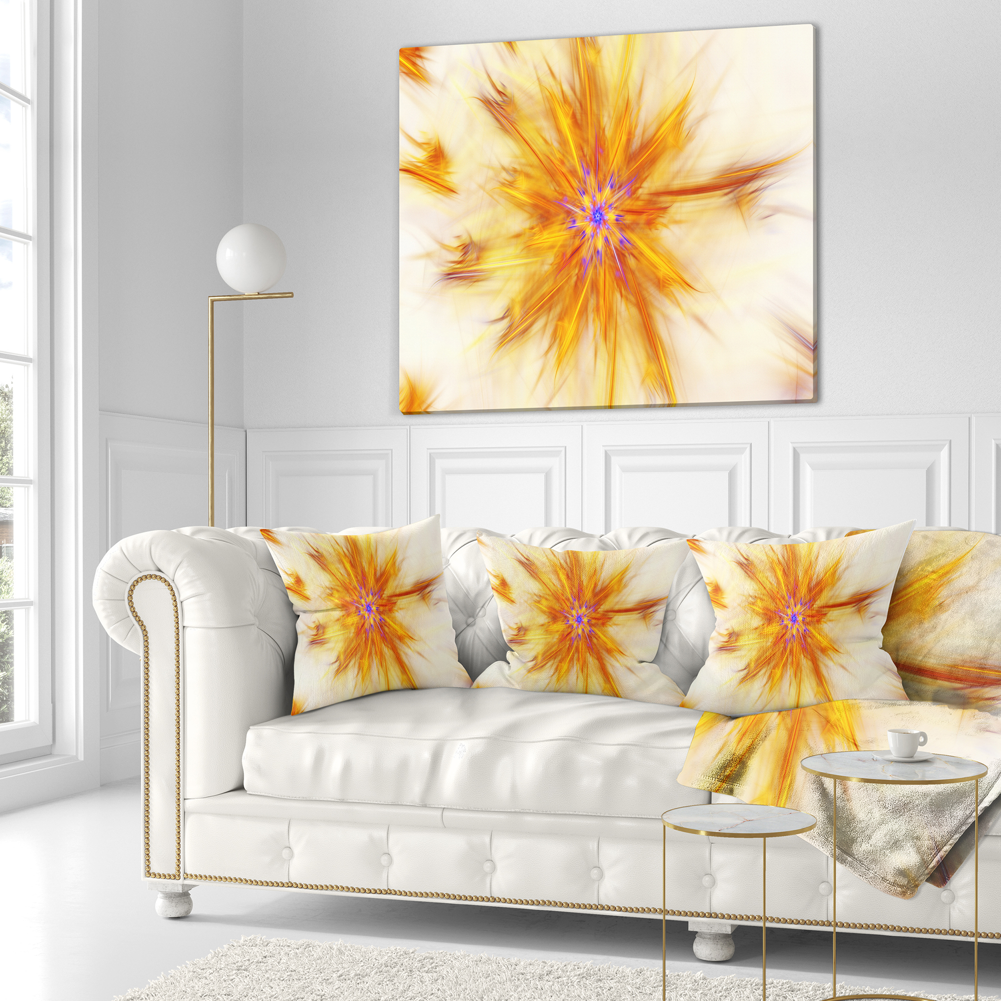 Designart Shining Yellow Exotic Fractal Flower - Floral Throw Pillow - 18x18