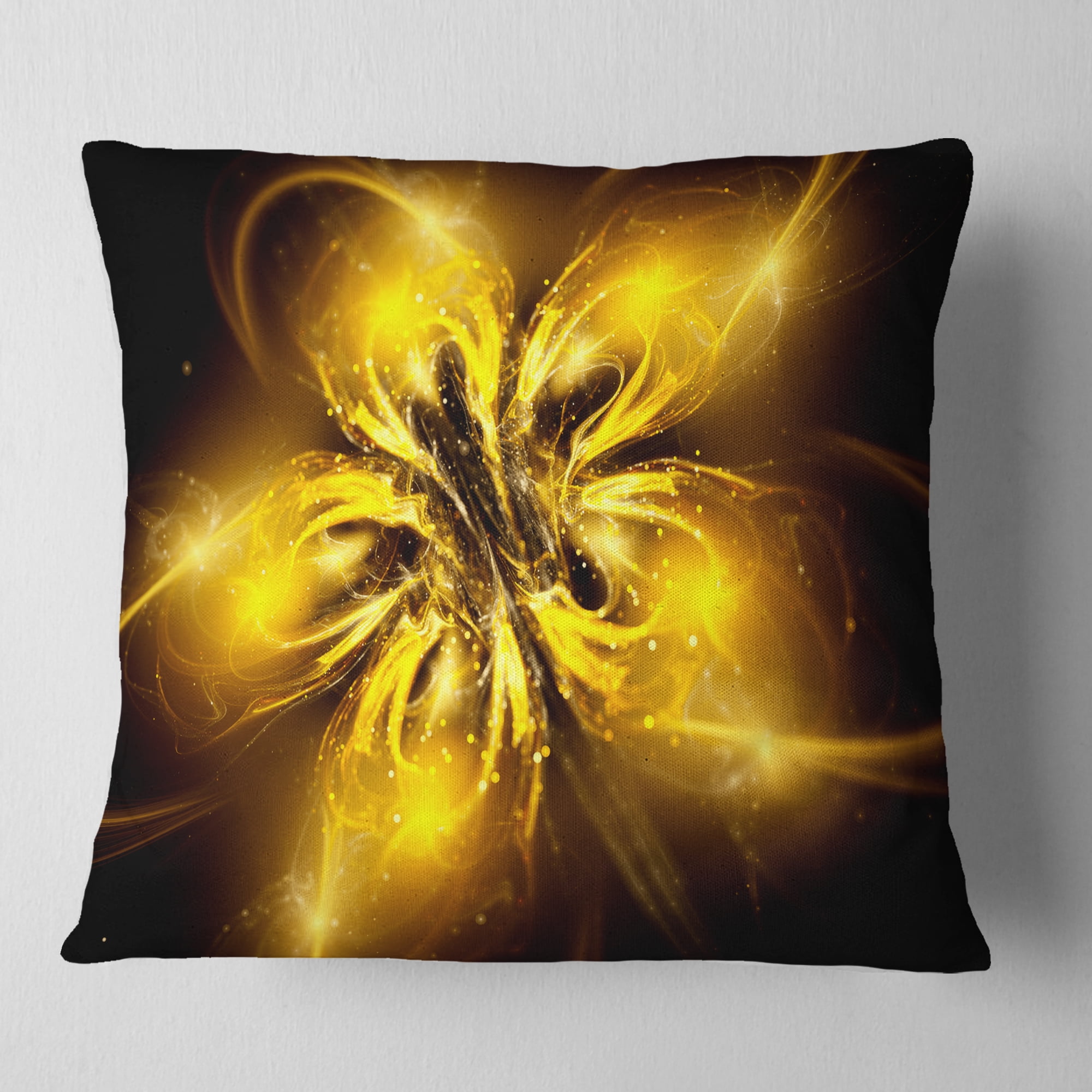 Designart Shiny Gold Fractal Flower on Black - Floral Throw Pillow - 18x18