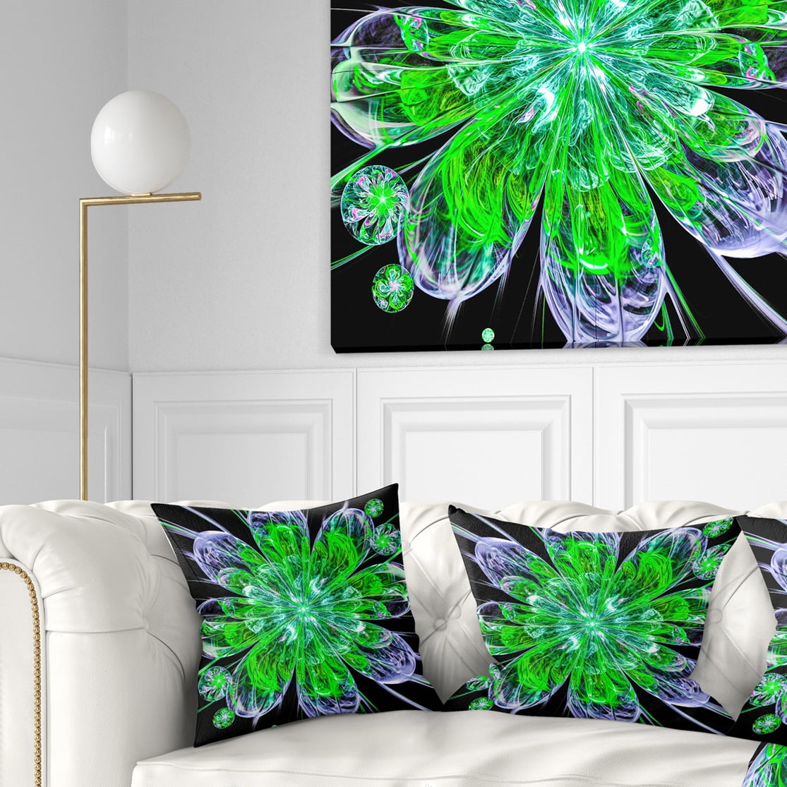 Designart Shiny Green Purple Fractal Flower on Black - Floral Throw Pillow - 16x16