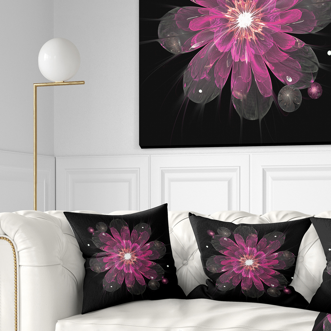 Designart Shiny Light Pink Fractal Flower on Black - Floral Throw Pillow - 16x16