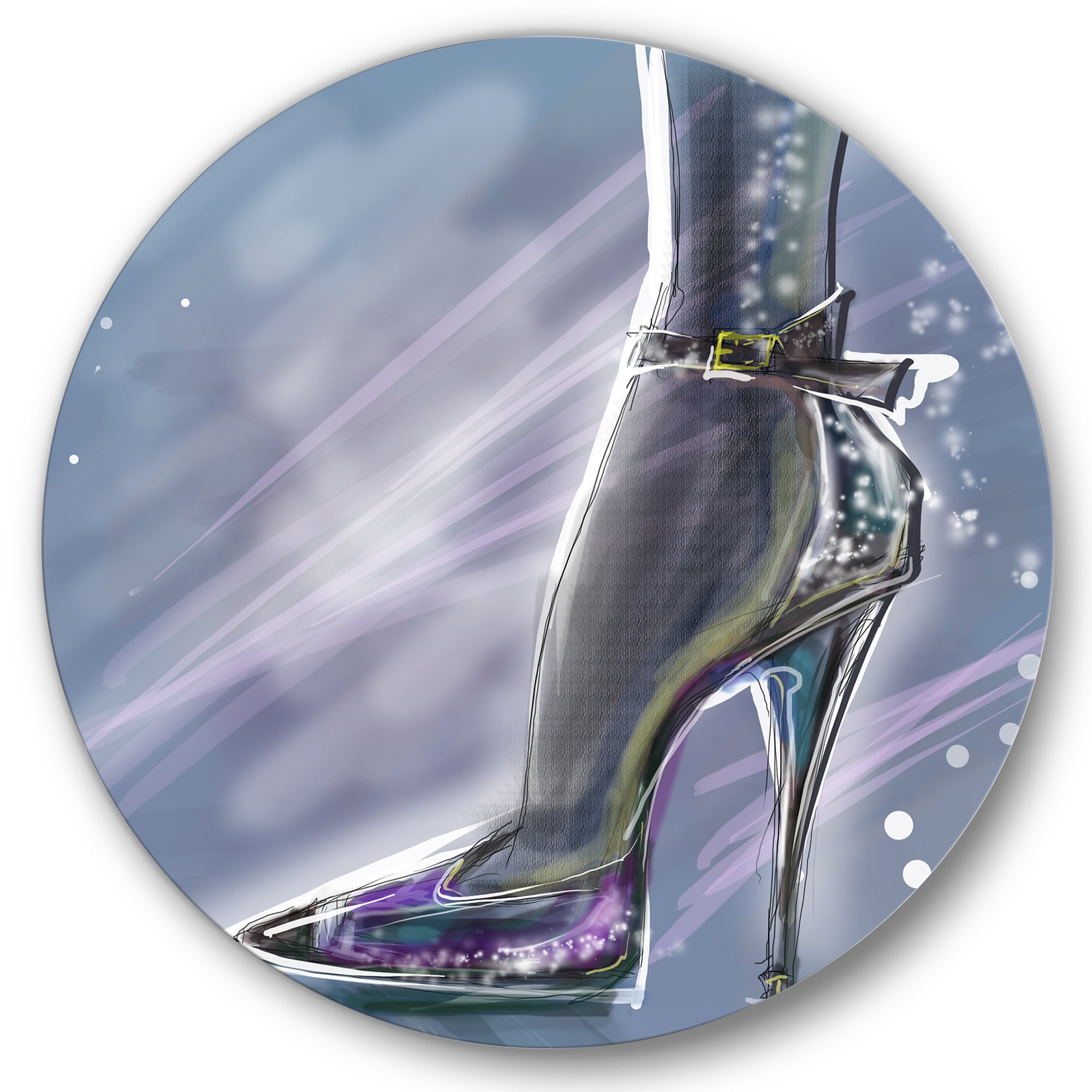 Designart 'Shiny Woman Shoe High Heeled Stiletto With Glitter' Modern Circle Metal Wall Art 36x36 - Disc of 36