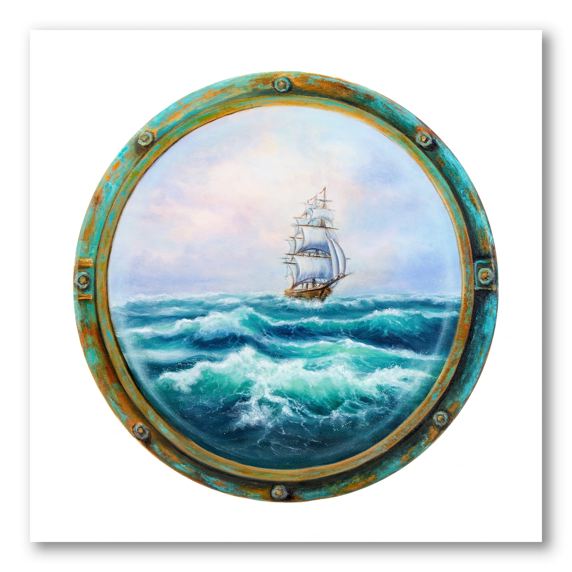 Designart ' Ship In Stormy Ocean Through Cabin Window ' Nautical & Coastal Canvas Wall Art Print