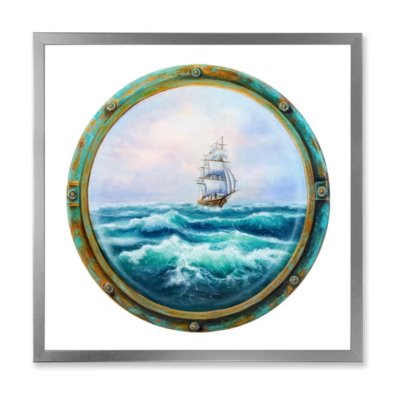 Designart 'Ship In Stormy Ocean Through Cabin Window' Nautical & Coastal Framed Art Print