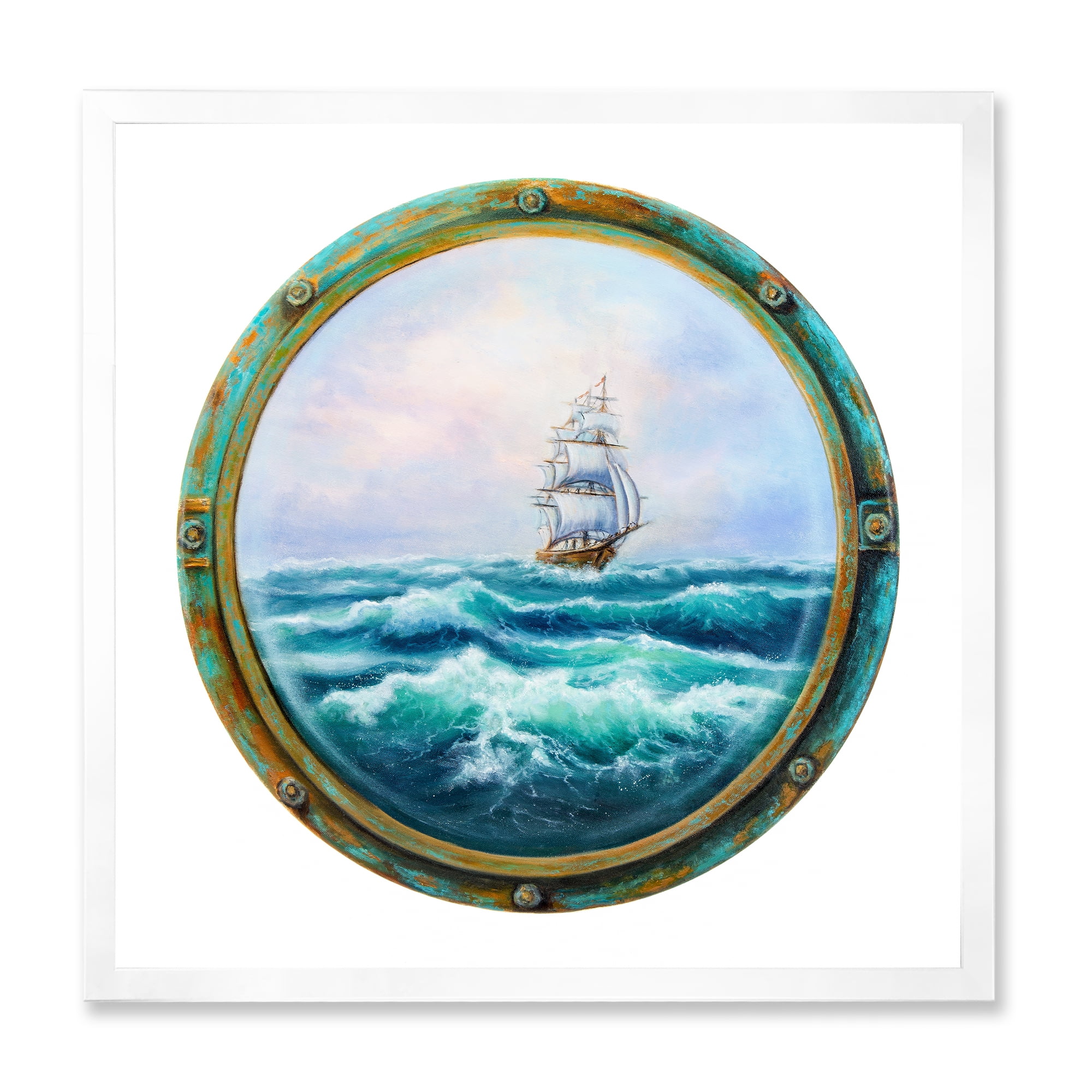 Designart 'Ship In Stormy Ocean Through Cabin Window' Nautical & Coastal Framed Art Print