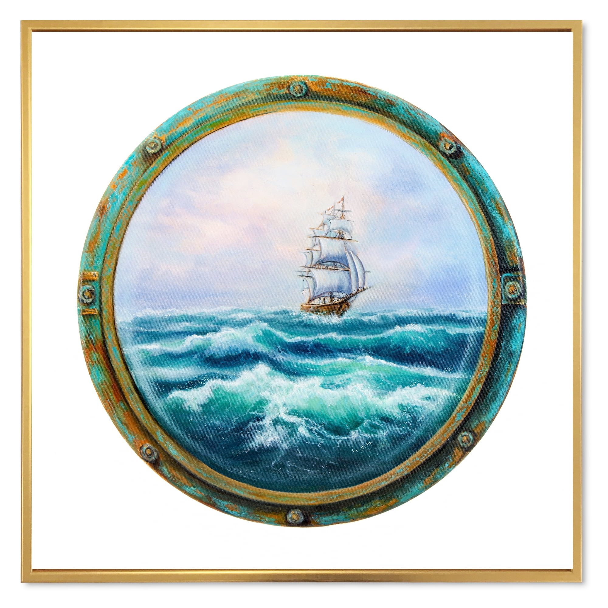 Designart 'Ship In Stormy Ocean Through Cabin Window' Nautical & Coastal Framed Canvas Wall Art Print