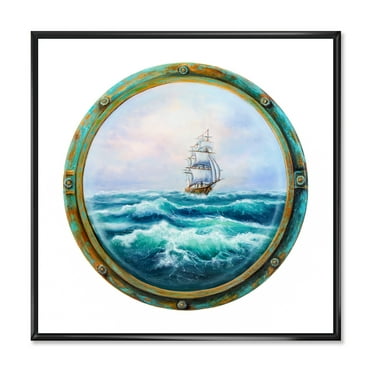 Designart 'Ship In Stormy Ocean Through Cabin Window' Nautical & Coastal Framed Canvas Wall Art Print