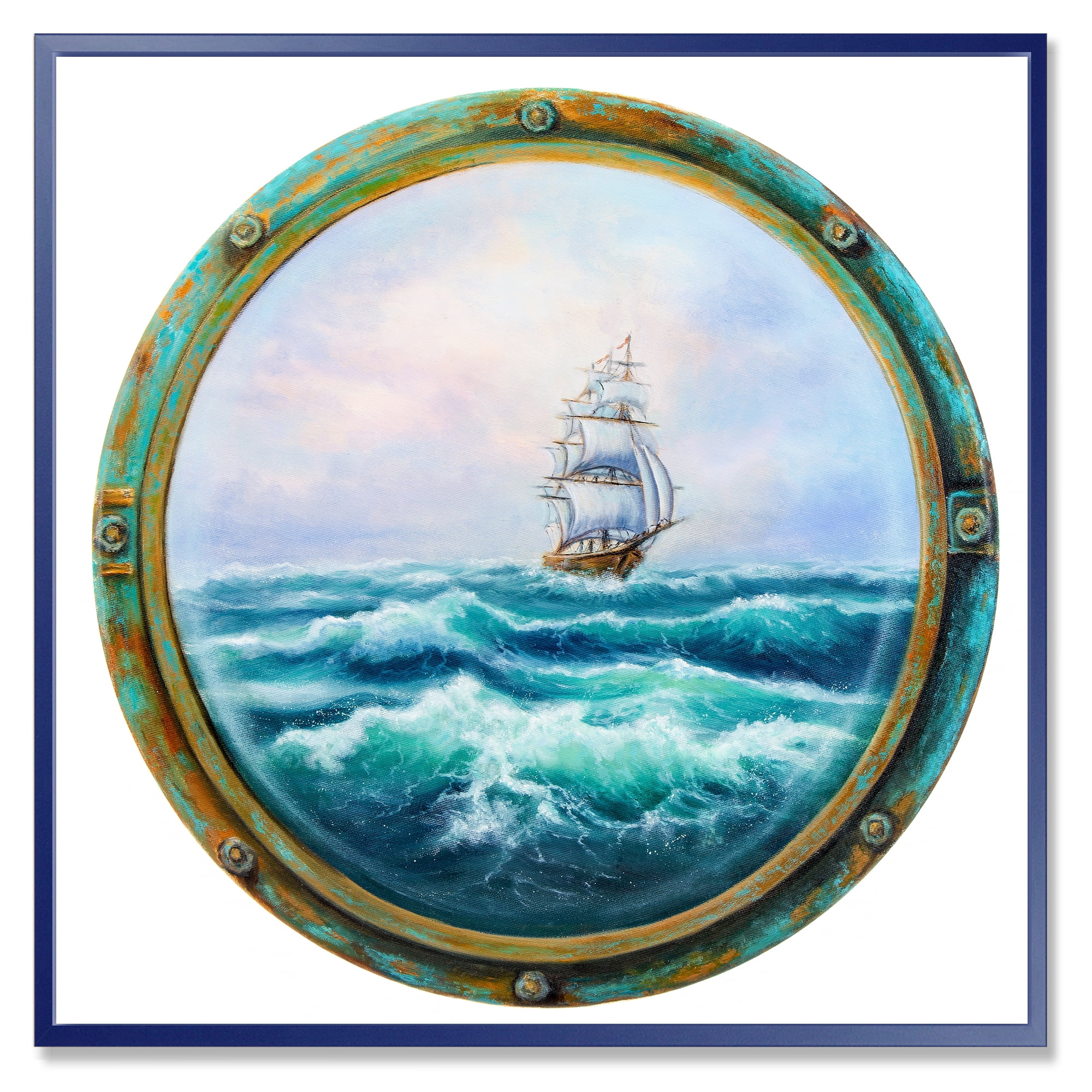 Designart 'Ship In Stormy Ocean Through Cabin Window' Nautical & Coastal Framed Canvas Wall Art Print