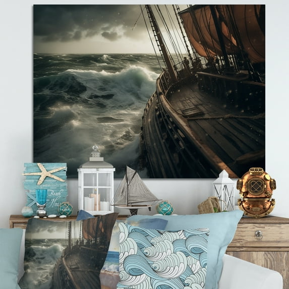 Designart "Ship In The Middle Of A Storm III" Modern Landscape Beach Wall Art Print