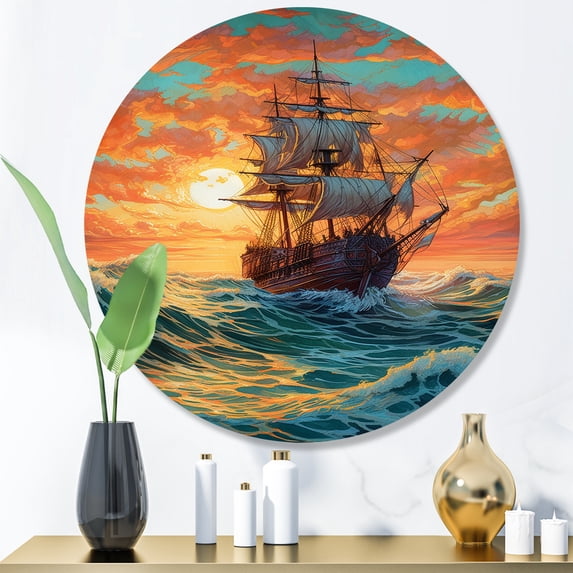 Designart "Ship Sailing on Brown Seas I" Modern Landscape Beach Metal Round Art Living Room