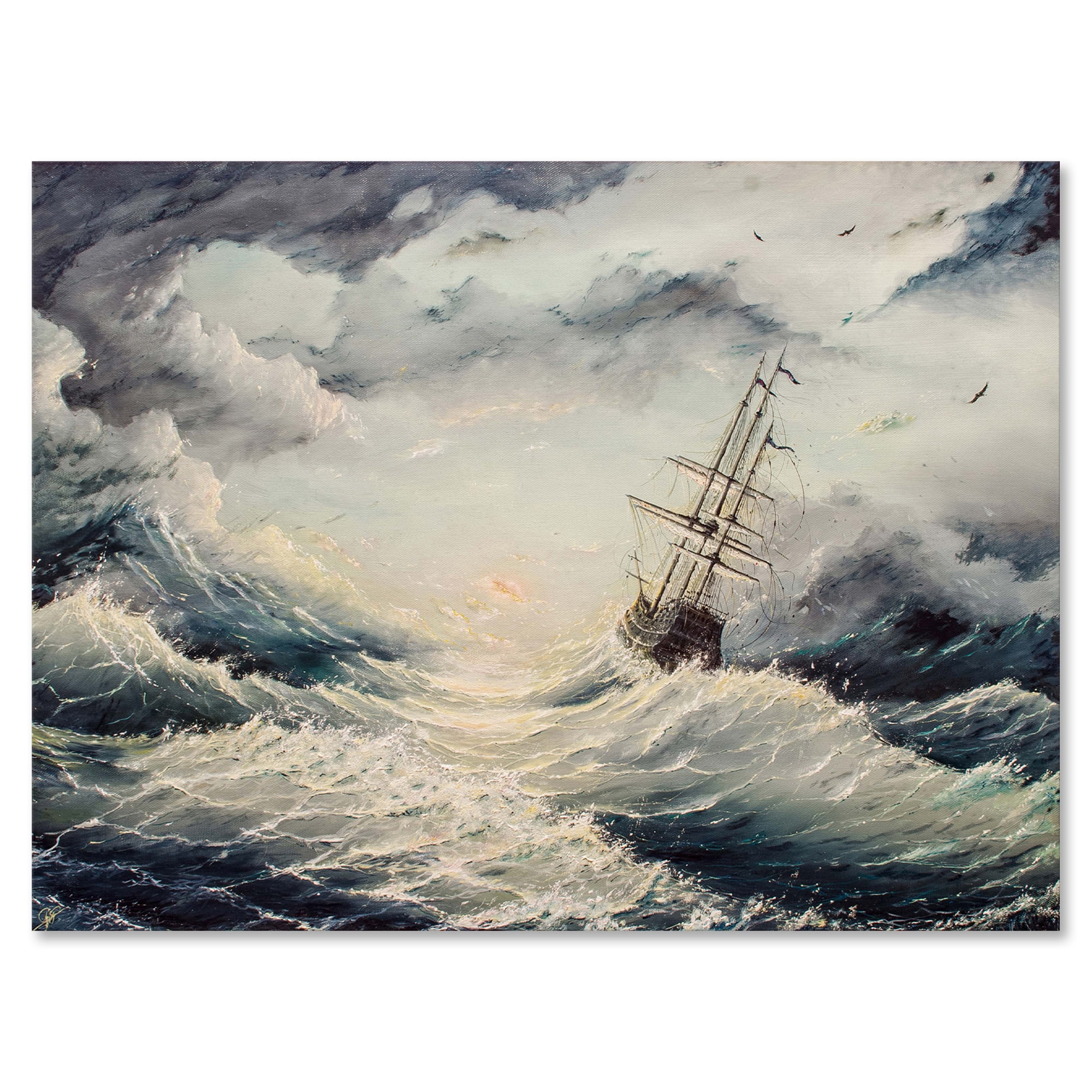 Designart ' Ship Struggles With The Sea Storm ' Nautical & Coastal Canvas Wall Art Print