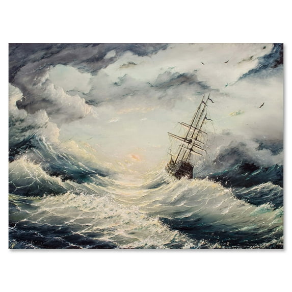 Designart ' Ship Struggles With The Sea Storm ' Nautical & Coastal Canvas Wall Art Print