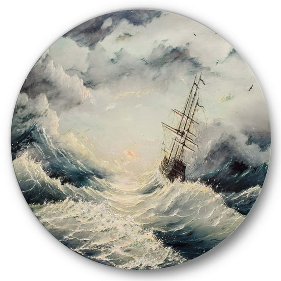 Designart 'Ship Struggles With The Sea Storm' Nautical & Coastal Circle Metal Wall Art 36x36 - Disc of 36