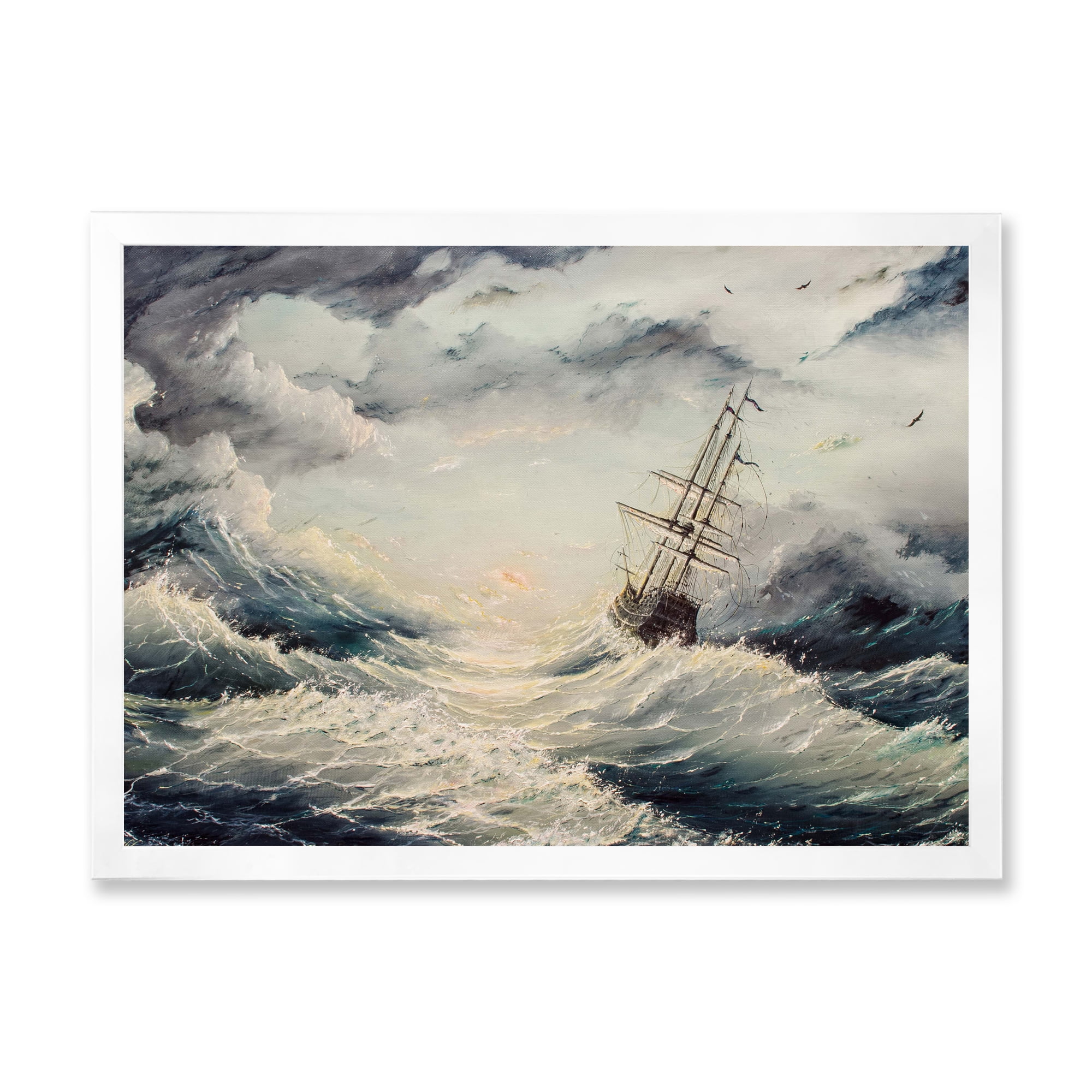 Designart 'Ship Struggles With The Sea Storm' Nautical & Coastal Framed Art Print