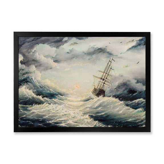 Designart 'Ship Struggles With The Sea Storm' Nautical & Coastal Framed Art Print