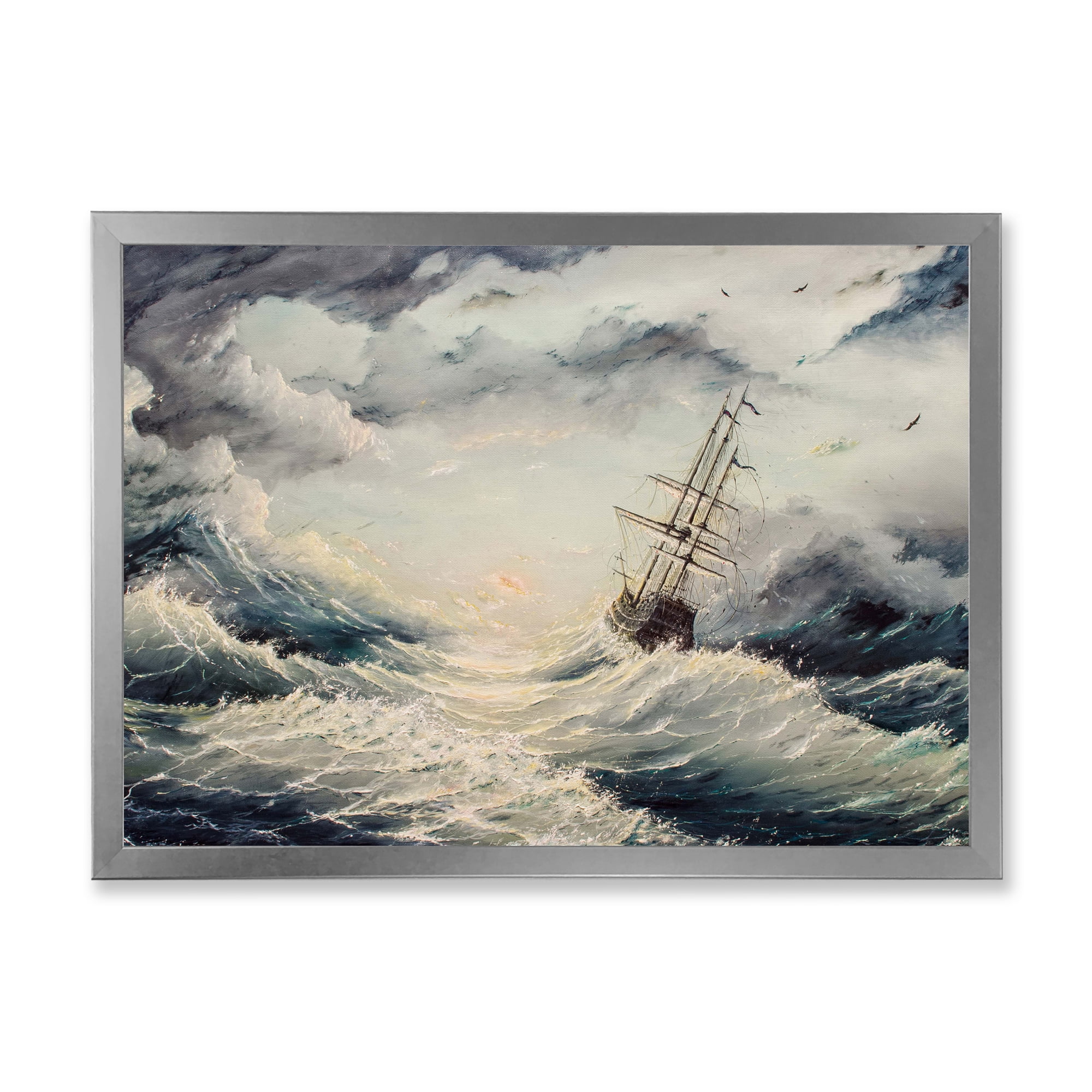 Designart 'Ship Struggles With The Sea Storm' Nautical & Coastal Framed Art Print