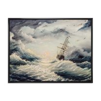 Designart 'Ship Struggles With The Sea Storm' Nautical & Coastal Framed Canvas Wall Art Print