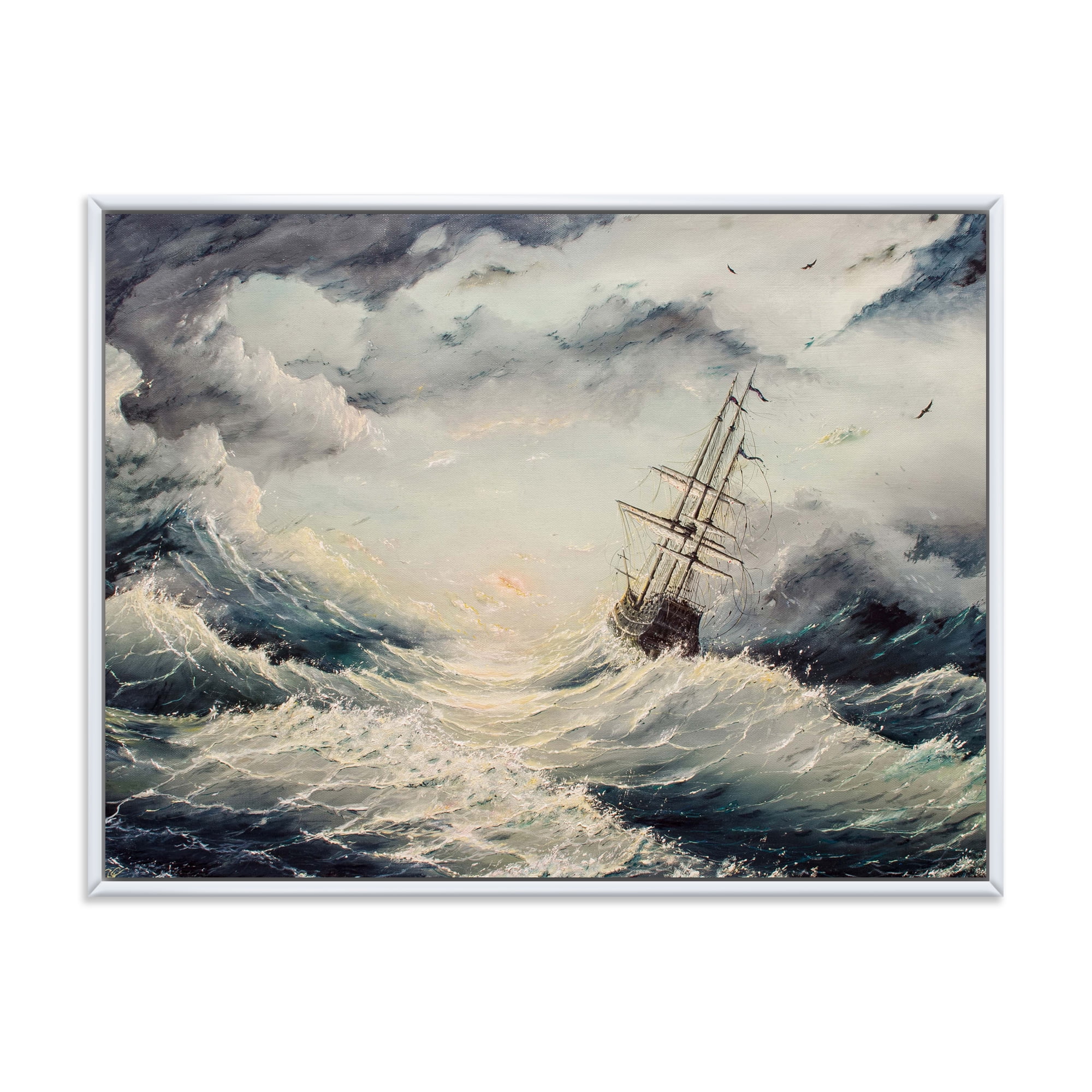 Designart 'Ship Struggles With The Sea Storm' Nautical & Coastal Framed Canvas Wall Art Print