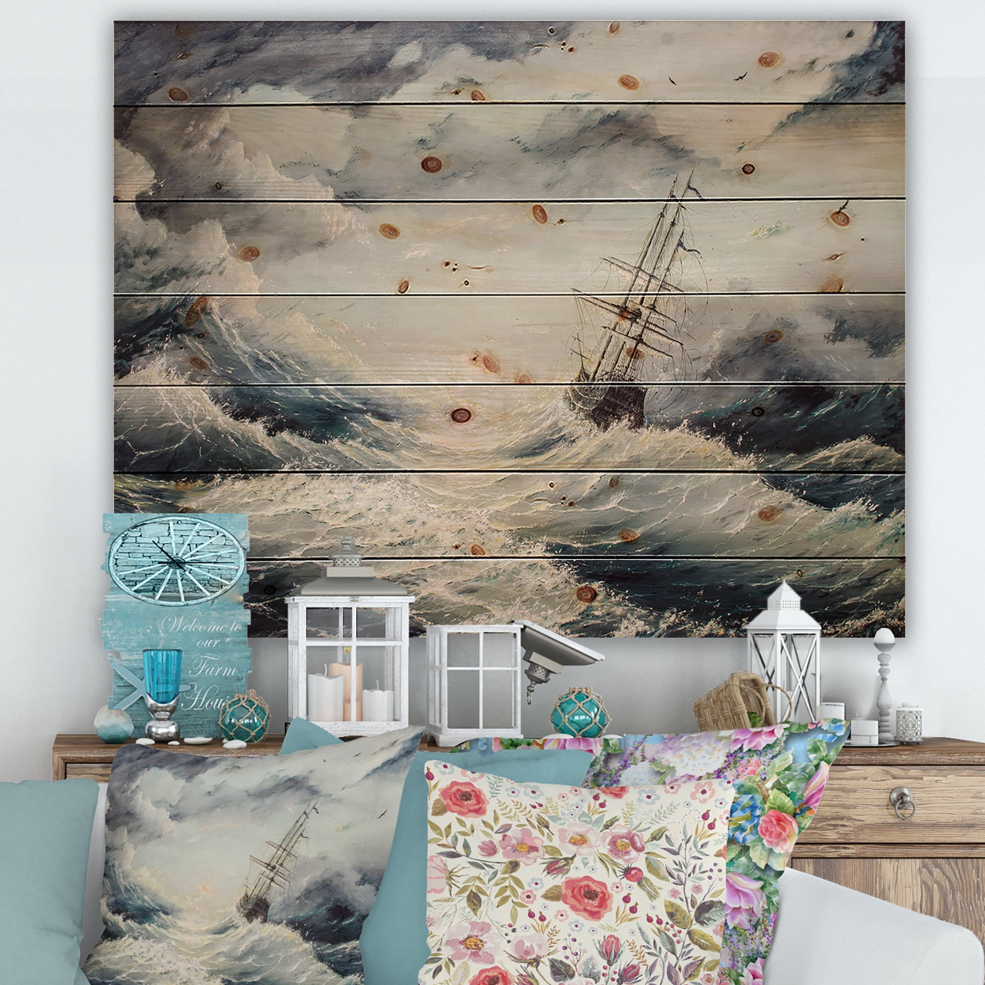 Designart 'Ship Struggles With The Sea Storm' Nautical & Coastal Print on Natural Pine Wood