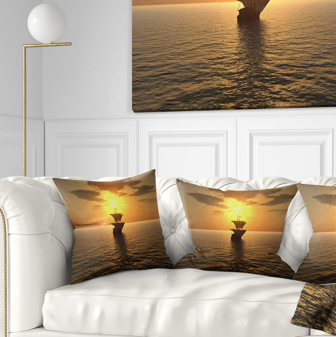 Designart Ship and Sunset - Seascape Photography Throw Pillow - 18x18