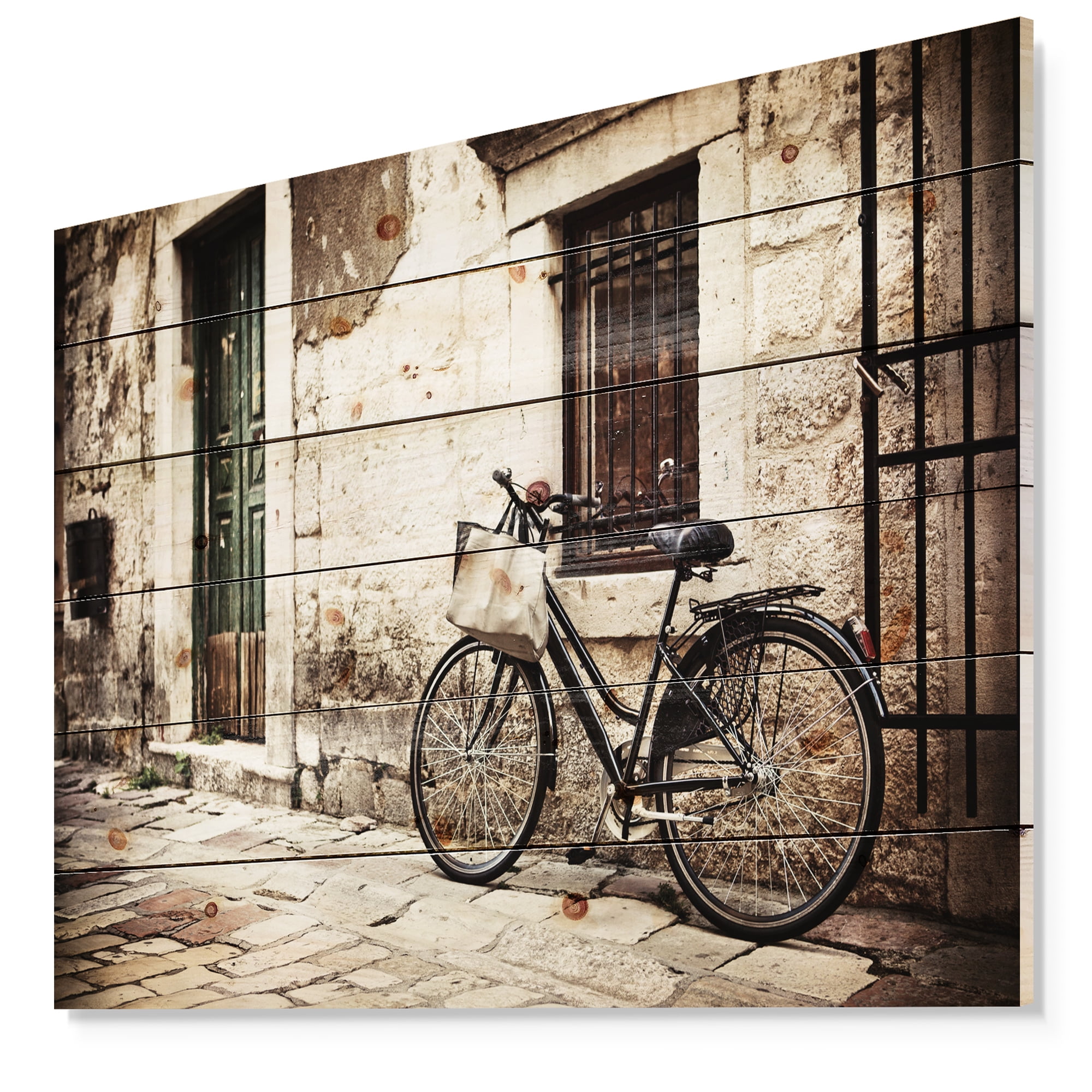 Designart 'Shopping Bag On Bicycle Vintage Paris Street' Landscape Photo Print on Natural Pine Wood