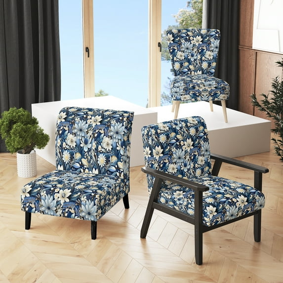 Designart "Shoreline Biodiversity I" Blue Floral Upholstered Accent Chair - Cottage Arm Chair For Living Room