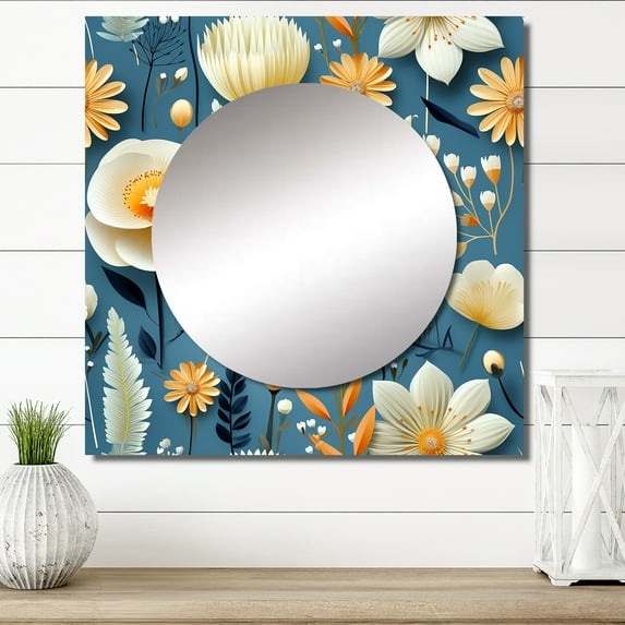 Designart "Shoreline Biodiversity" floral Square Mirror For Wall Decor - Large Blue Square Mirror Printed Wall Decor - Cottage Square Living Room Mirror