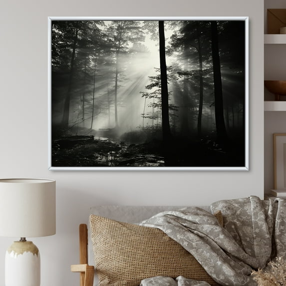 Designart "Silence Photography: Black And White Forest I" Forest Floater Framed Wall Art Living Room
