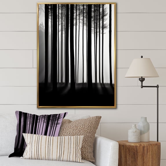 Designart "Silence Photography: Black And White Forest II" Forest Floater Framed Canvas Wall Art