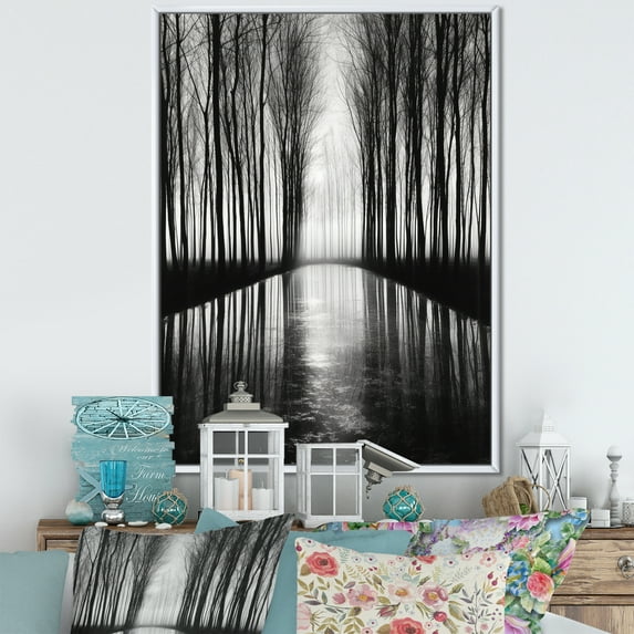 Designart "Silence Photography: Black And White Forest III" Forest Floater Framed Canvas Prints