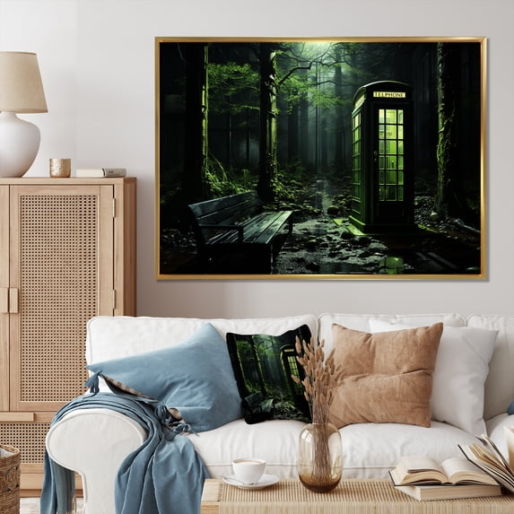 Designart "Silent Conversations Green Telephone Booth" Telephone Booth Floater Framed Canvas Wall Art